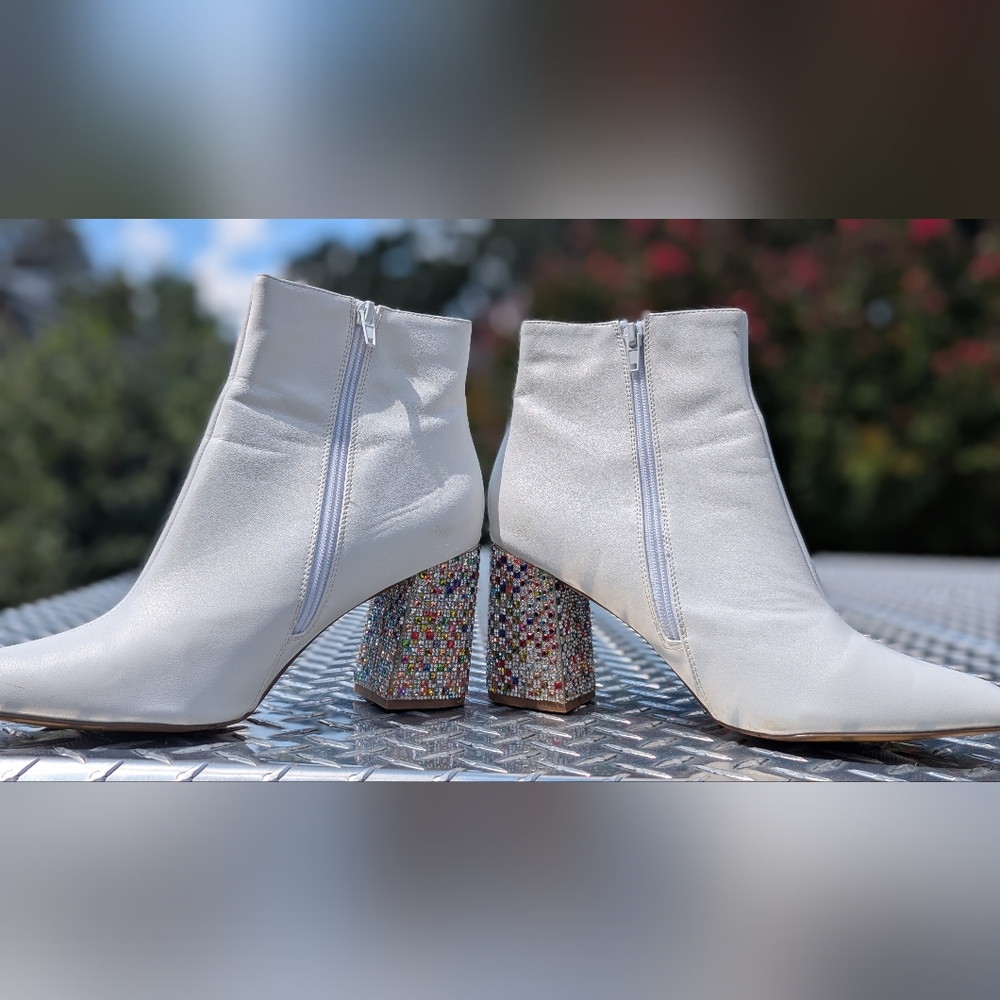 Elegant Betsey Johnson White Ankle Boots with Rhinestone Covered Heel